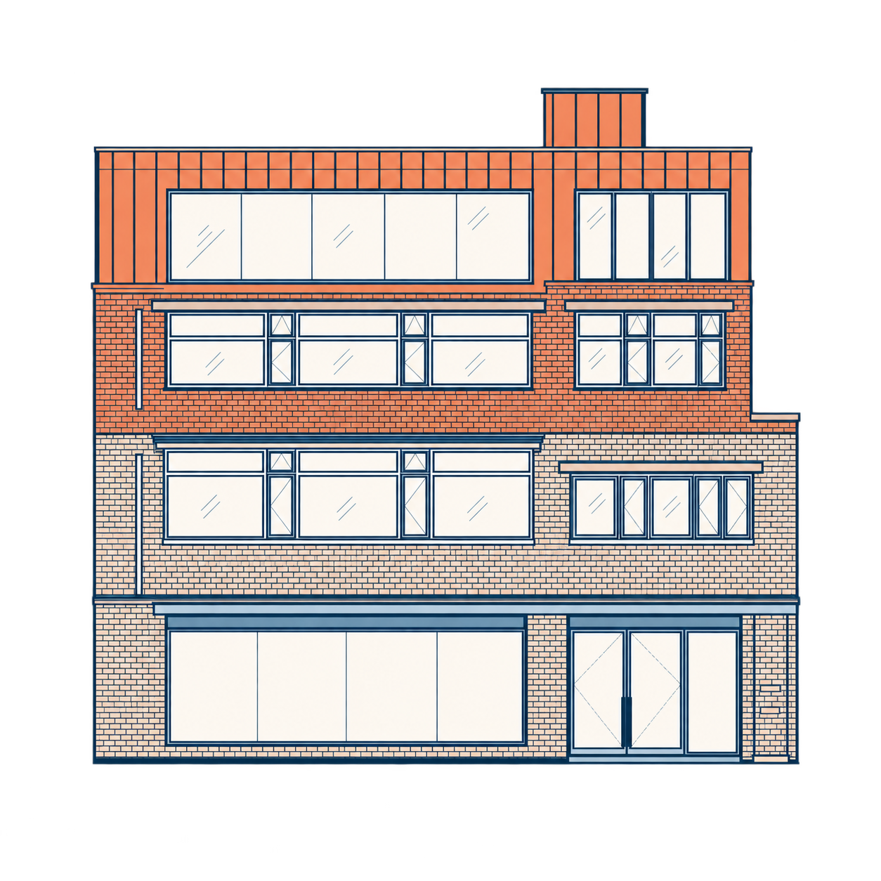 Stylised front elevation of 1–3 Mundy Street: the lower two floors are existing; the upper two floors and lift overrun are proposed