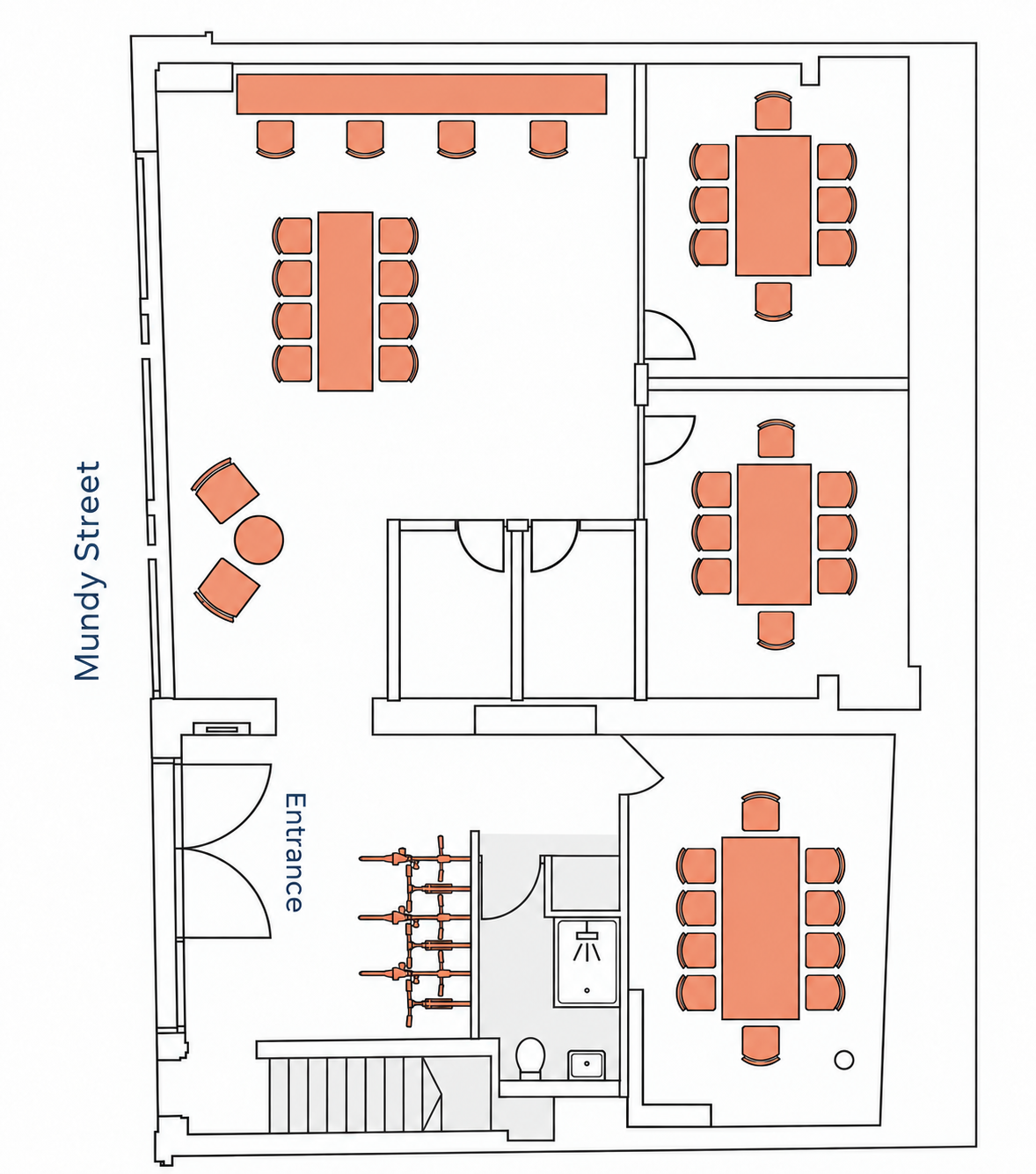 Redrawn ground-floor tenant fit-out plan showing entrance, cycle storage, kitchen, meeting room and partitions, with Mundy Street along the bottom